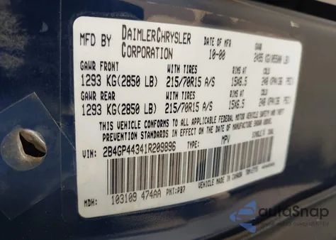 2001 Dodge Grand Caravan Sport z USA, uszkodzony, nr VIN 2B4GP44341R209896